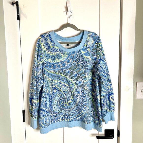 Talbots Blouson Sleeve Perky Paisley Periwinkle Blue Modal Sweatshirt Size 1X - Picture 2 of 6